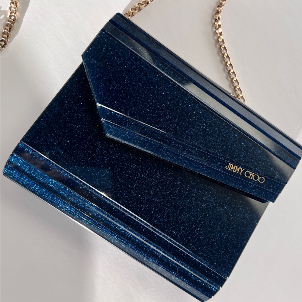 Jimmy Choo Blue Candy Glitter Crossbody/Clutch with Gold Chain